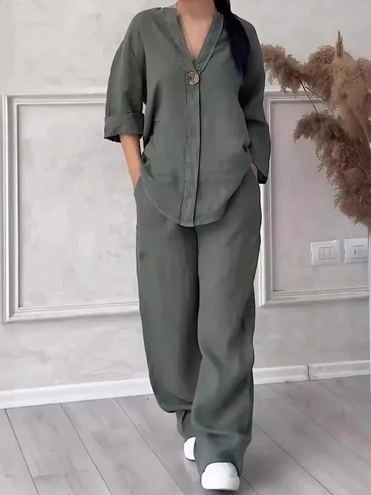 Casual Women Solid V Neck Set Fashion Autumn Spring Two Piece Cotton and Linen Sets Shirt Top Wide Leg Pant Long Sleeve Suit y240815