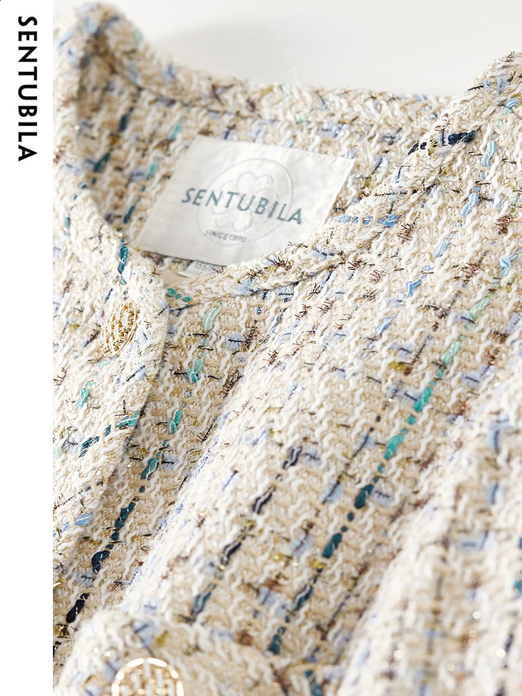 SENTUBILA Contrast Plaid Cropped Tweed Jacket for Women Elegant Straight Long Sleeve Autumn Winter Short Coats 133W49788 240812