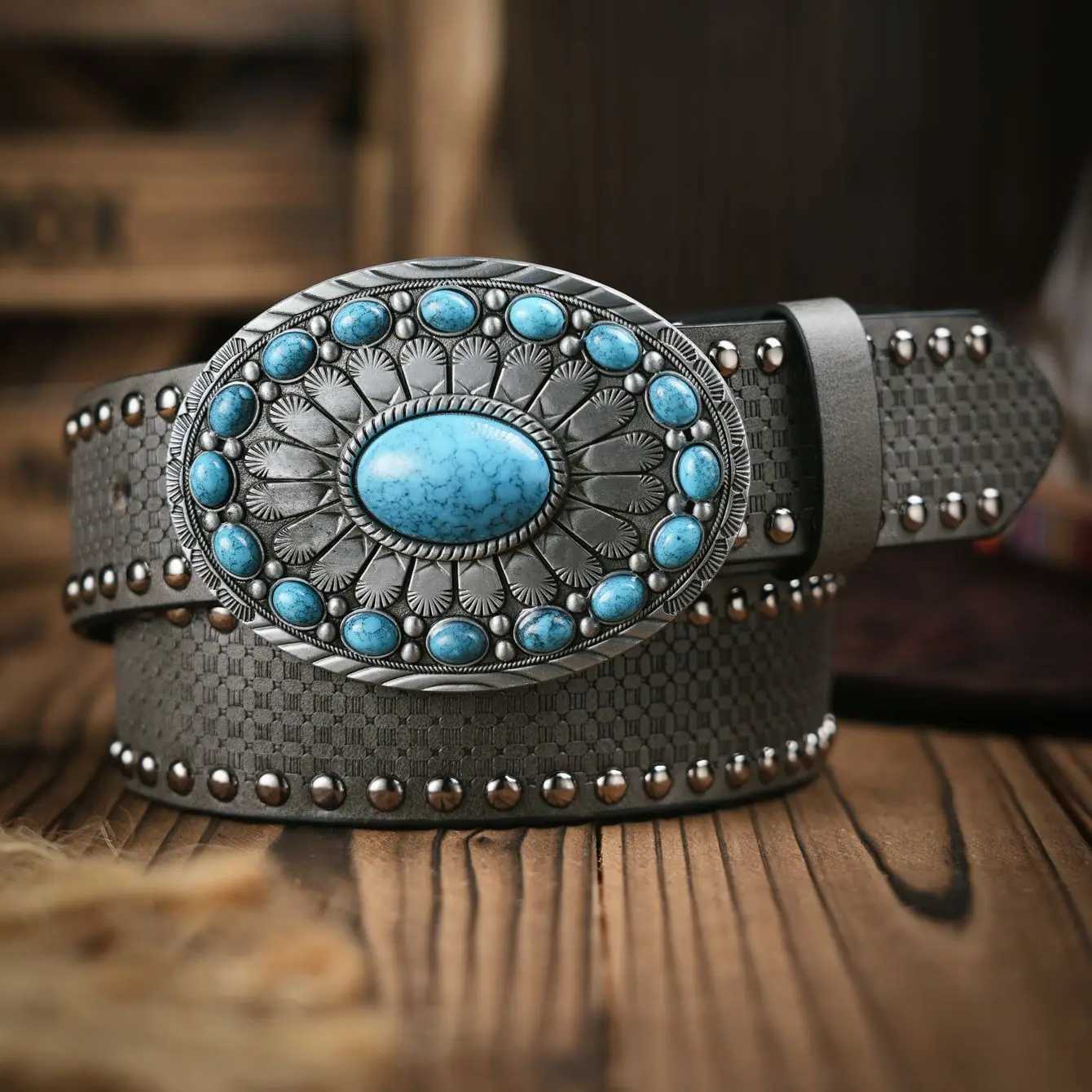 Belts Western style denim PU belt - mens belt with cow decoration floral jeans Y240810QYTH