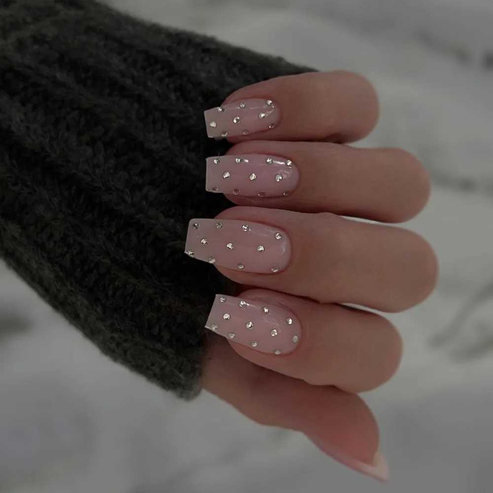 24 pieces of fake long French ballet nails set with diamonds fake nail press rhinestone artificial nails W240810