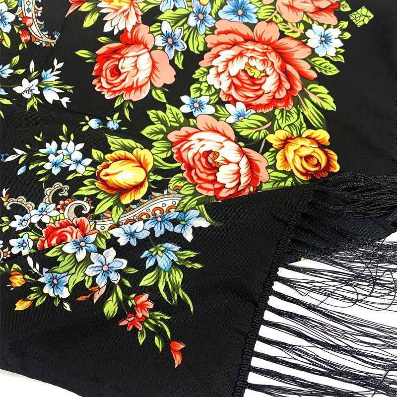 Russian national scarf womens floral print Bandana shawl ethnic edge handmade headscarf Babushka headscarf bag Pashmina W240810