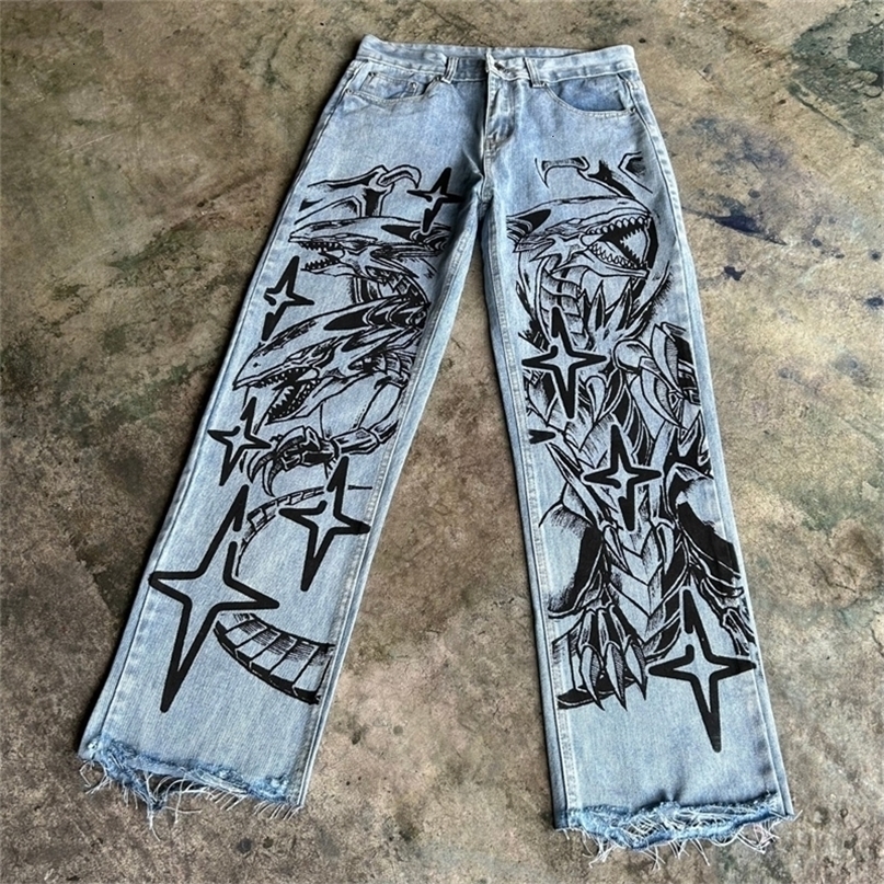 Harajuku y2k baggy jeans blue eyes white dragon print wide leg denim pants anime jeans streetwear trouser men clothing 240810