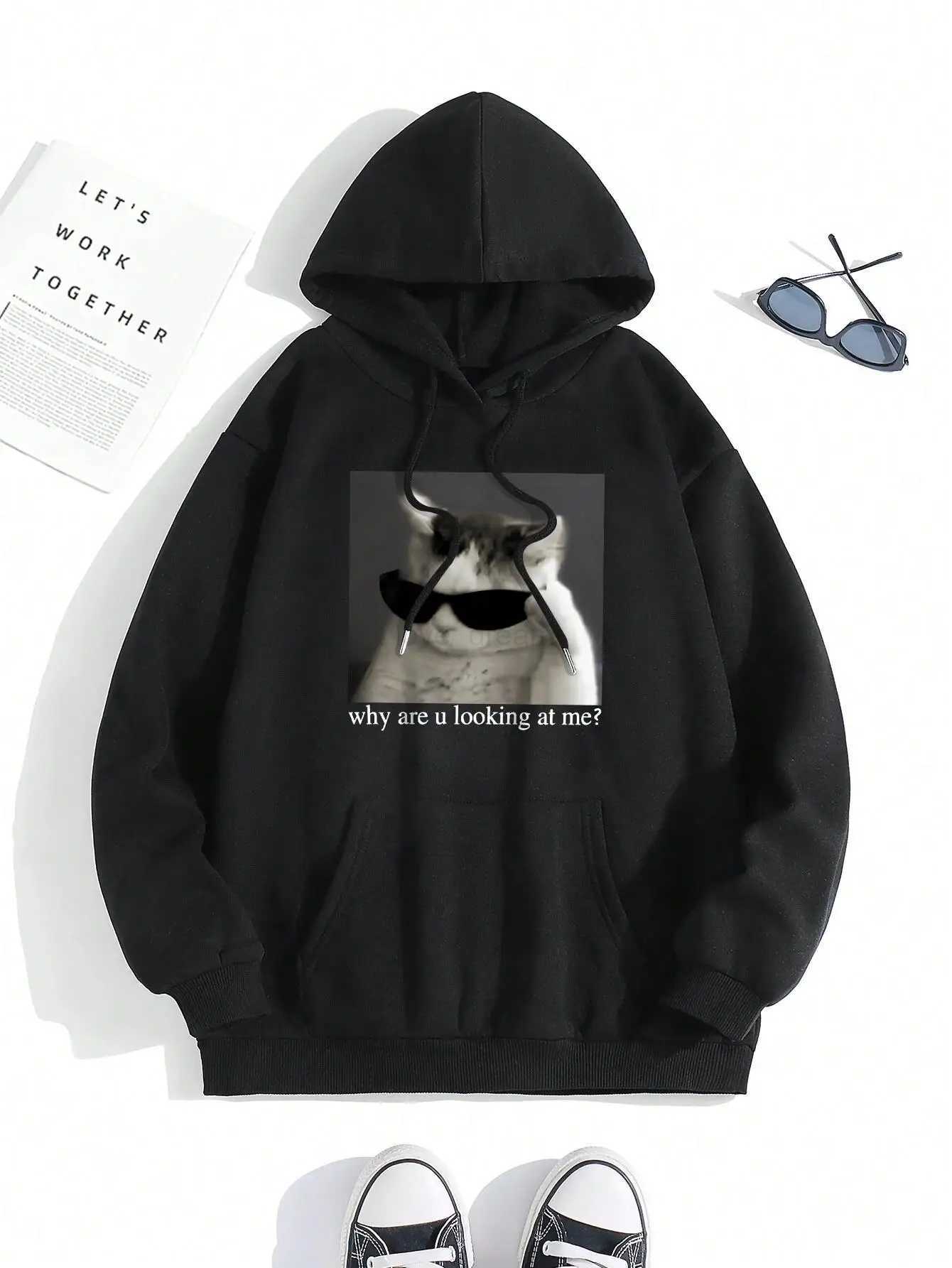 Why Are U Looking At me? Print Hoody Men Fashion Casual Sweatshirt Simple Loose Hooded Autumn Warm Fleece Tracksuit WomenXJ240812