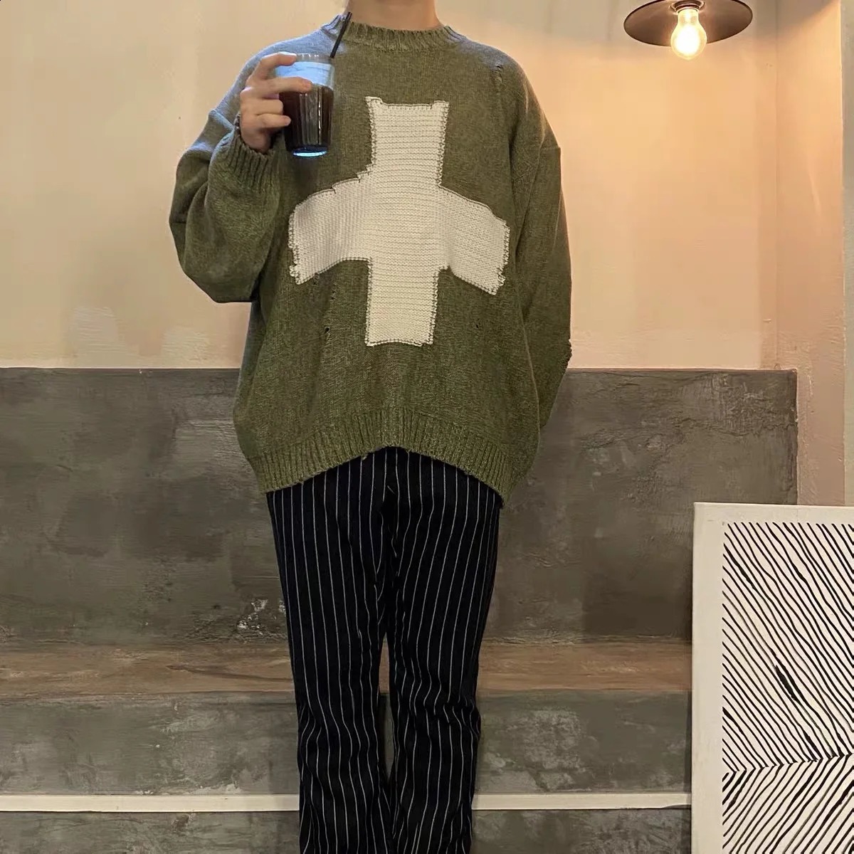 KAPITAL Vintage 1 1 Sweater Men Green Loose Cross Pattern Woman High Quality High Street Damage Hole Oversized Knitted Sweater 240812