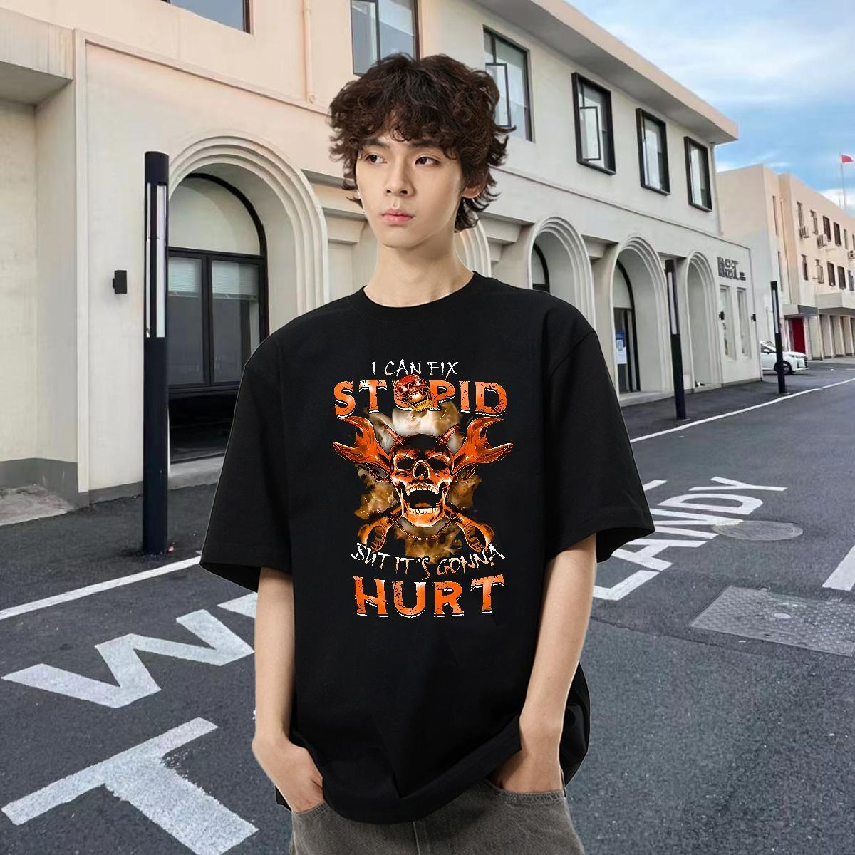 New Mens T Shirts skull Tops Shirt 230g 100% Cotton Sport High Quality Cartoon Print Crew Neck Tshirts
