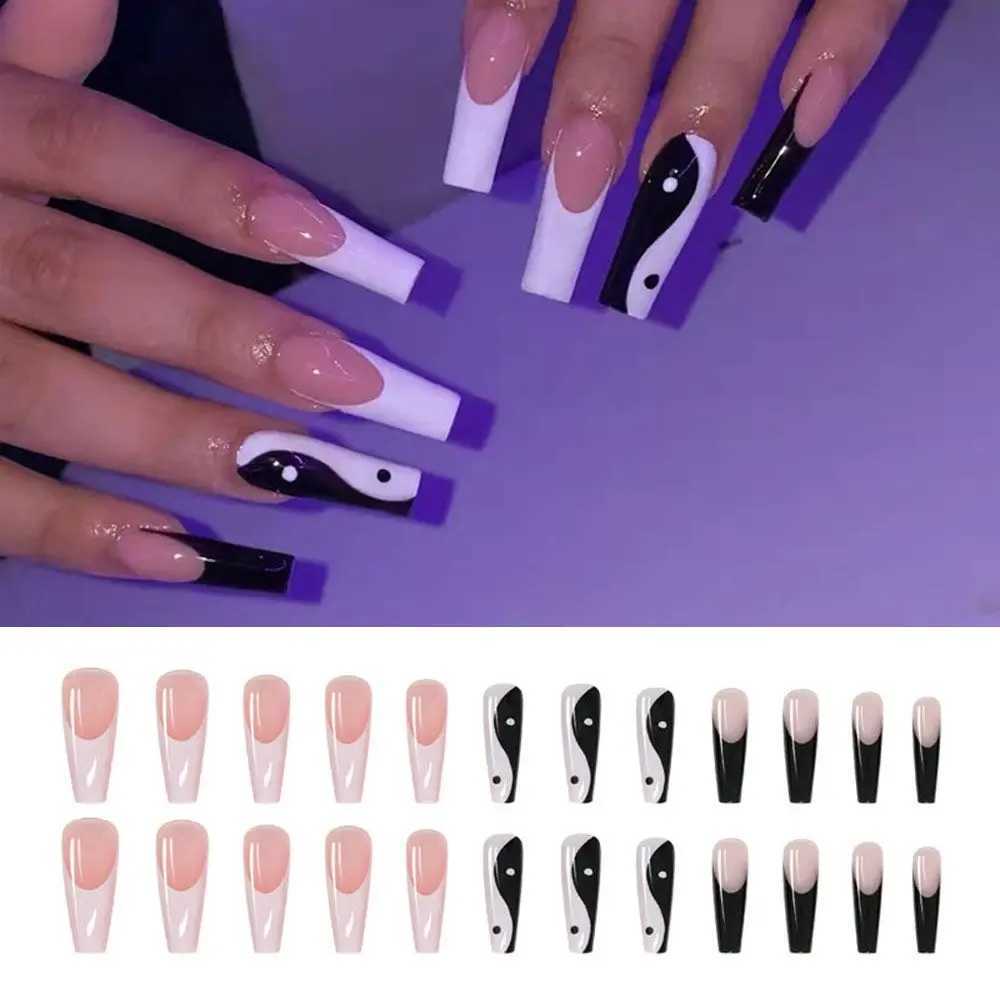 24 pieces of long coffin fake nails white black design wearable French ballet dancer fake nails press full set ergonomic nail tips W240810