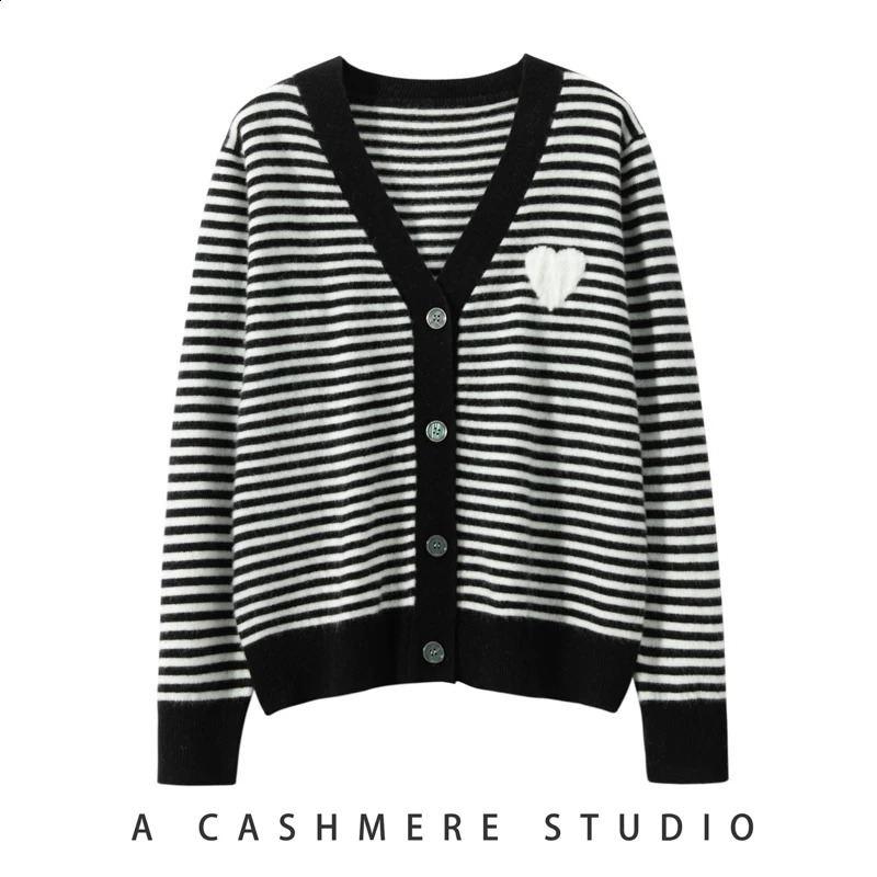 Spring Womens V-neck Cardigan Preppy Style 100% Cashmere Sweater Heart Embroidery Cashmere Knitwear Korean Clothes 240812