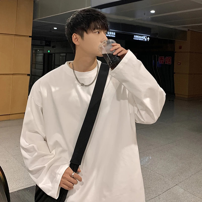 Privatthinker oversized mens T-shirt long sleeved high-quality cotton fashionable Korean clothing top solid color Harajuku mens T-shirt 240826