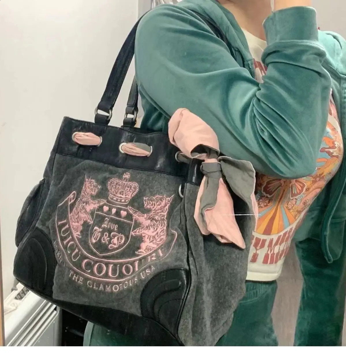 JIAERDI Sweet Cool Girls Y2k Women Vintage Embroidery Veet Shoulder Shopping Handbags Ladies Haruku Grey Tote Bag 240813 4