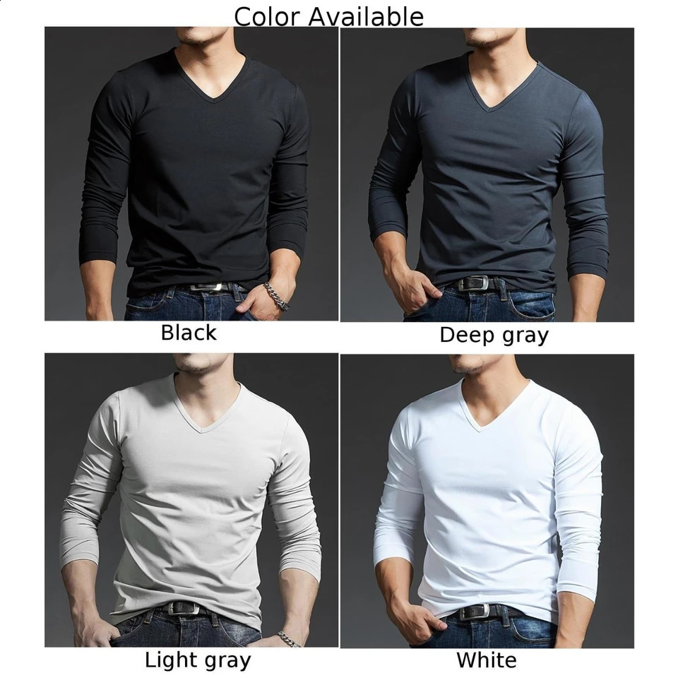 Casual Mens Long Sleeves Muscle V Neck Slim T-Shirt Solid Color Activewear Tops Tee Undershirt T Shirt Man Clothing 240812