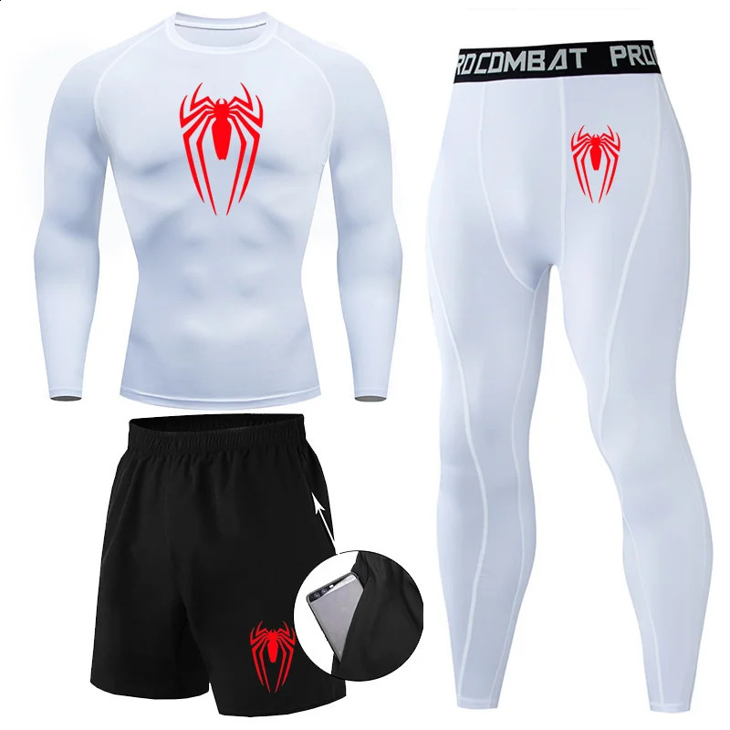 Men 3Pc Set Compression Sports Suit Spider Thermal Underwear Long Johns Clothes Running Tracksuit Wear Exercise Workout Tights 240812