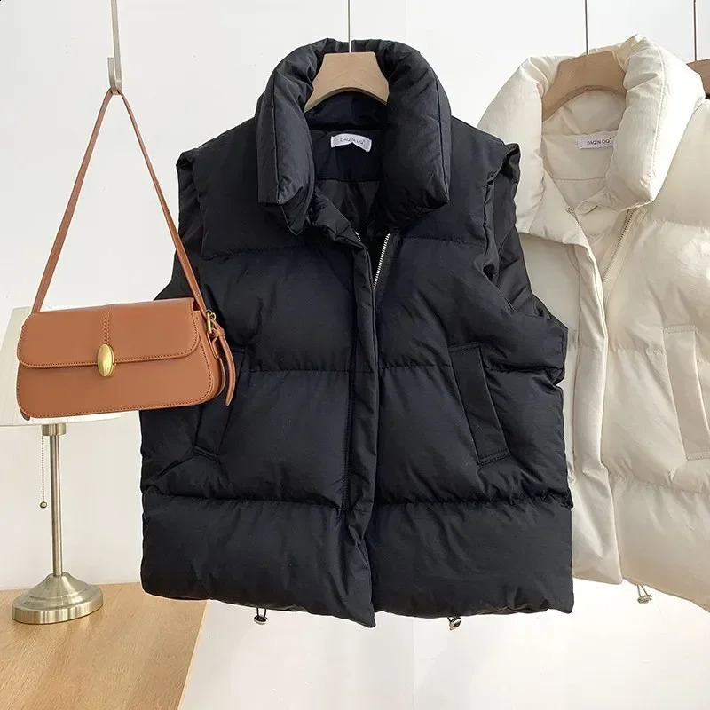 Women Fashion Autumn 2024 Stand Collar Elegant Down Coats Warm Outerwear Casual Belt Sleeveless Winter Women Vests Jackets 240813