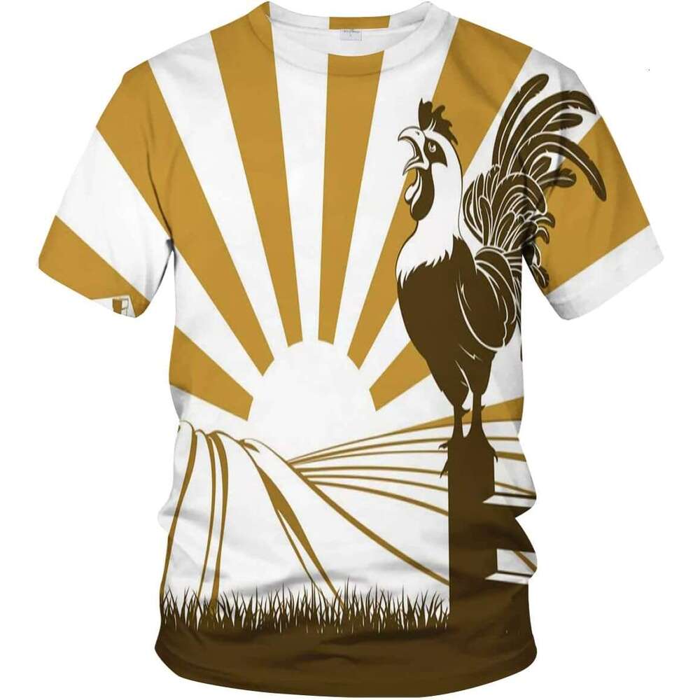 Mens T shirt 3D Novelty T-Shirt Retro Farm Depiction with Sunburst Lines Sunrise Crowing shirts tshirt graphic tee Casual tops summer clothes Short sl
