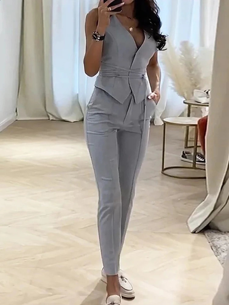 Summer Solid Color Tank Top and Pants Set Temperament Waist Closing Sexy Tank Top and Pencil Pants Womens Two Piece Set 240813