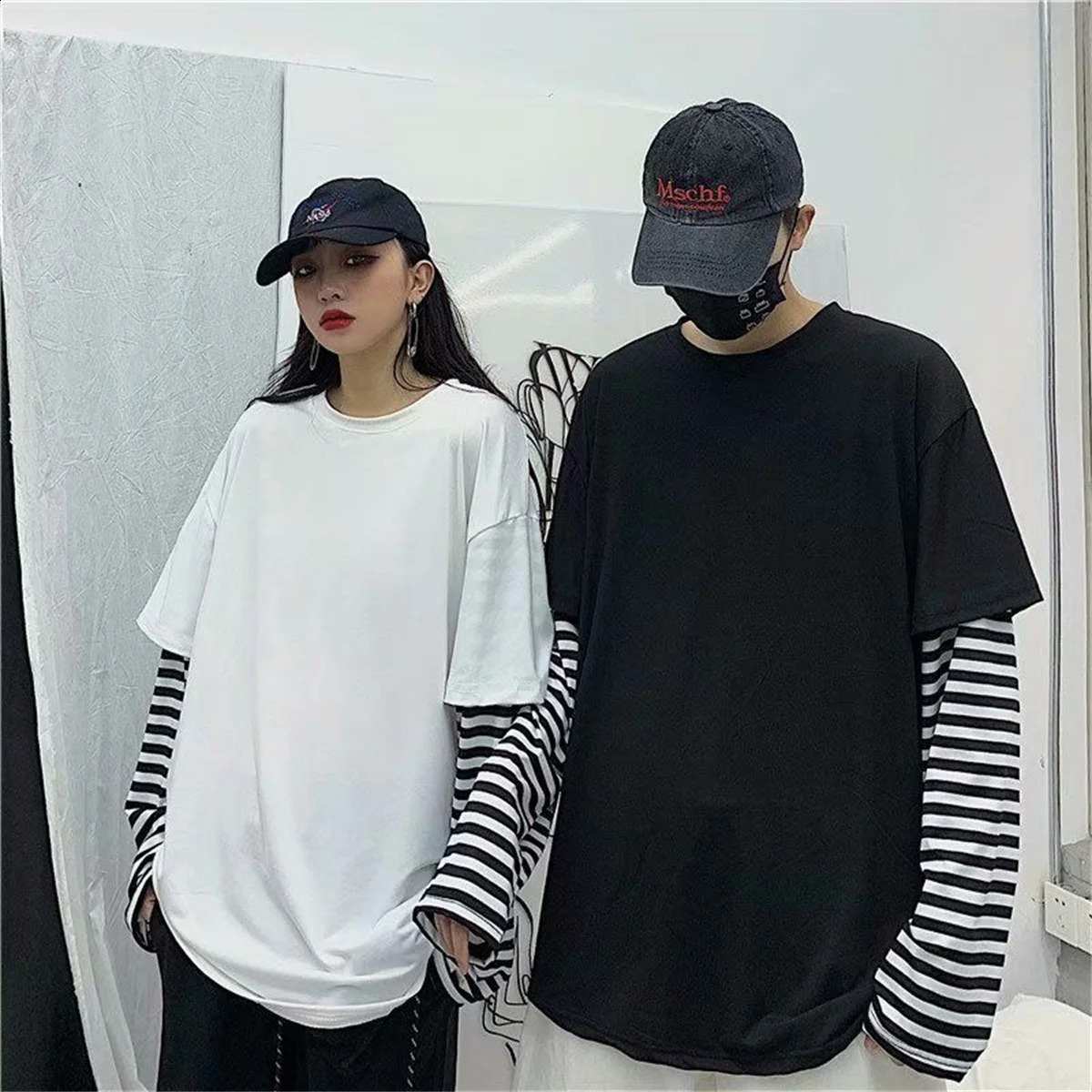 Couple Striped Patchwork T-Shirt Men Women Autumn Tops Boys Solid Long Sleeve T Shirt Fashion Japanese Gothic Japan T Shirt 240812
