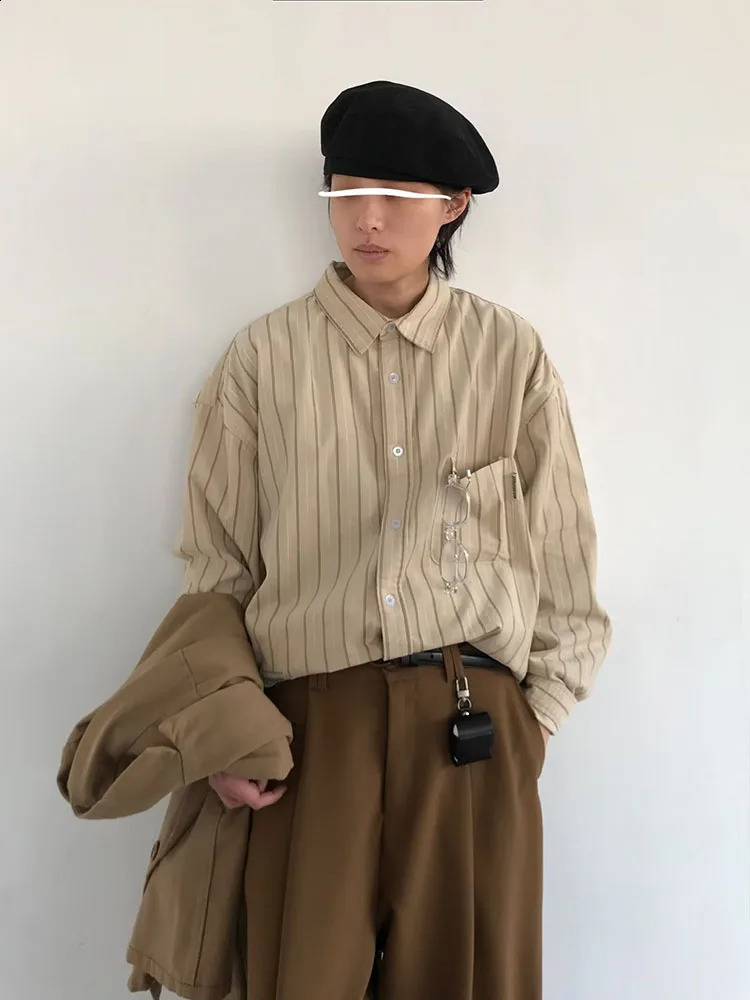 Japanese retro mens shirt Harajuku womens striped loose cardigan wool sweater Spring and Autumn thin cargo long sleeved casual unisex top 240812