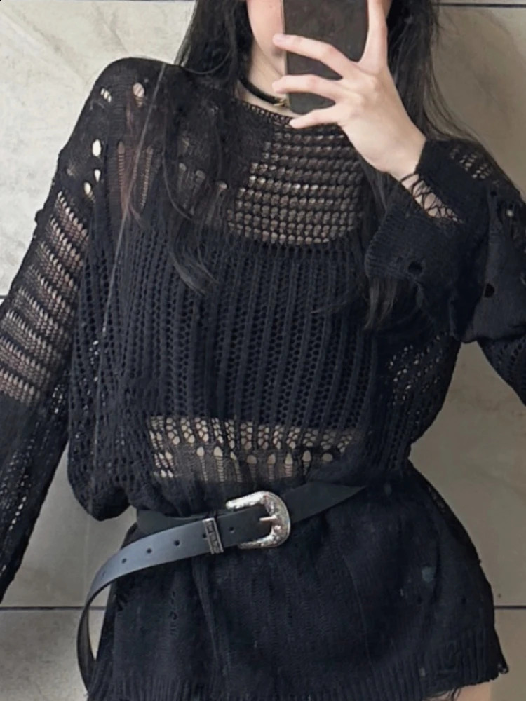 HOUZHOU Y2k Sweater Women Streetwear Hollow Out Loose Knitted Pullovers Balck See Through Long Sleeve Top Gothic Korean Fashion 240812