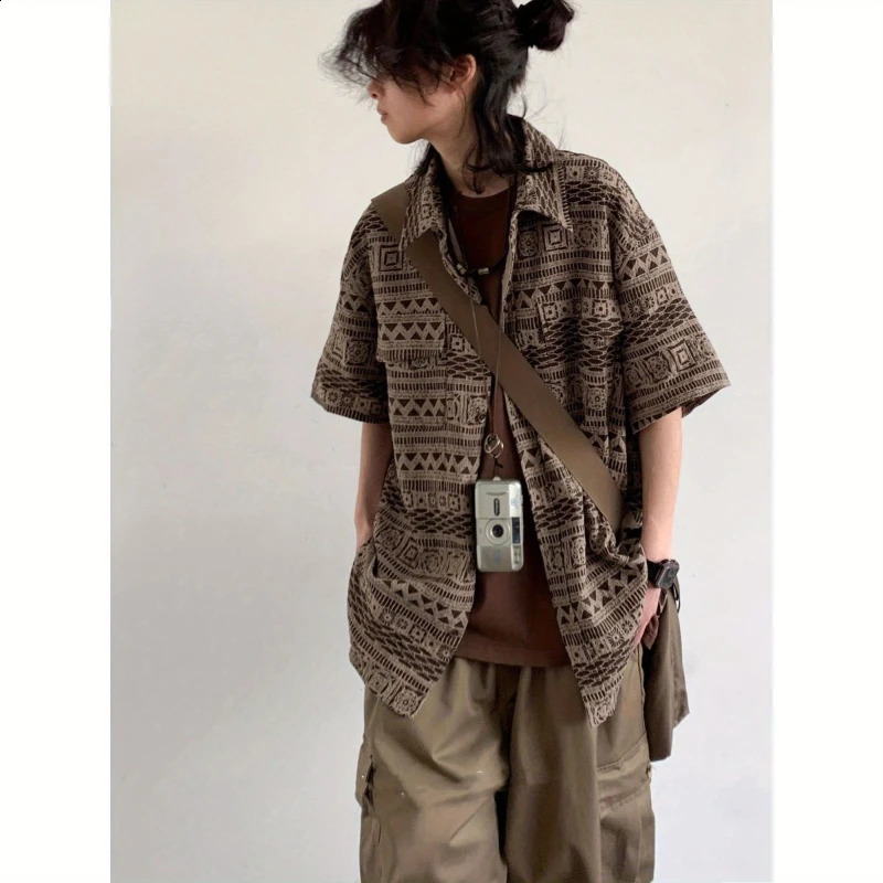 Summer Japanese Casual Set Mens Stripe Printing Loose Shirtbig Pocket Wide Leg Overalls Suit Street Harajuku Two-piece Set 240813