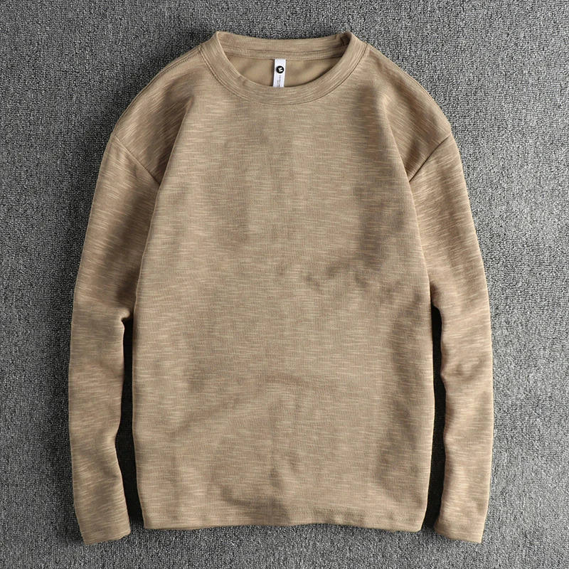 Autumn American Retro 310G Long-sleeved O-neck Knitted Solid Color T-shirt Mens Simple Slub Cotton Washed Casual Youth Tops 240812