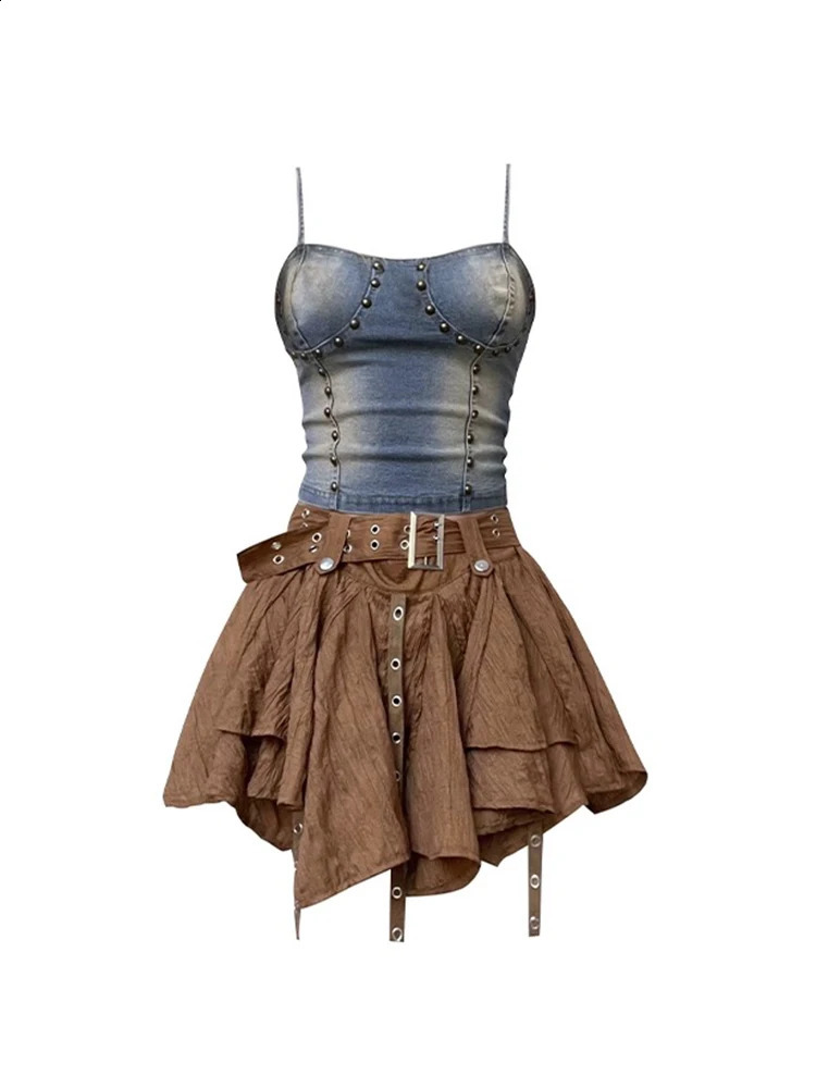 Vintage Beach Resort Style Fashion 2 Piece Set Gyaru Embroidered Flares Denim Halter TopElastic Waist A-Line Skirt With Belt 240812