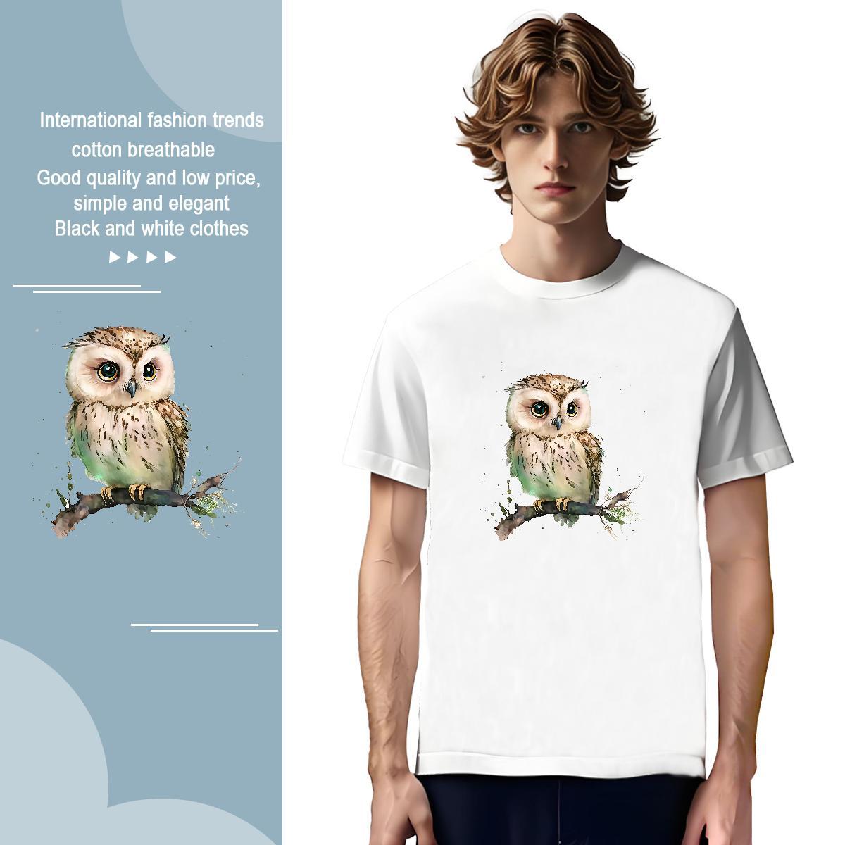 Classic T Shirt For Man Owl O-Neck Short Sleeve Sport Customized 230g Cotton Tshirts Fashion Casual Tops
