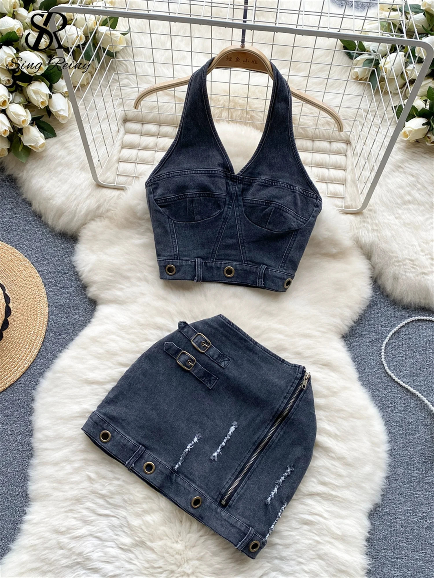 SINGREINY Trend High Street Denim Suits Backless Sleeveles Halter Y2K Top Zipper Pleated Mini Skirt Hollow Out Two Pieces Sets 240812