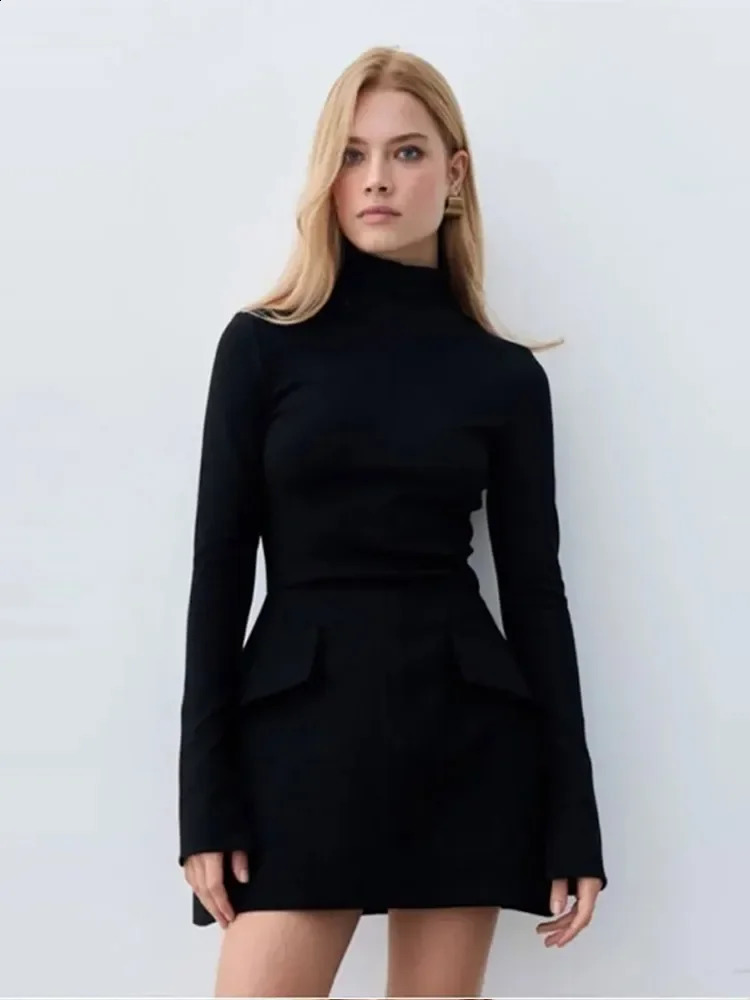 Fashionable long sleeved half turtle neck dress for womens casual autumn spring solid color buttocks set party 240809