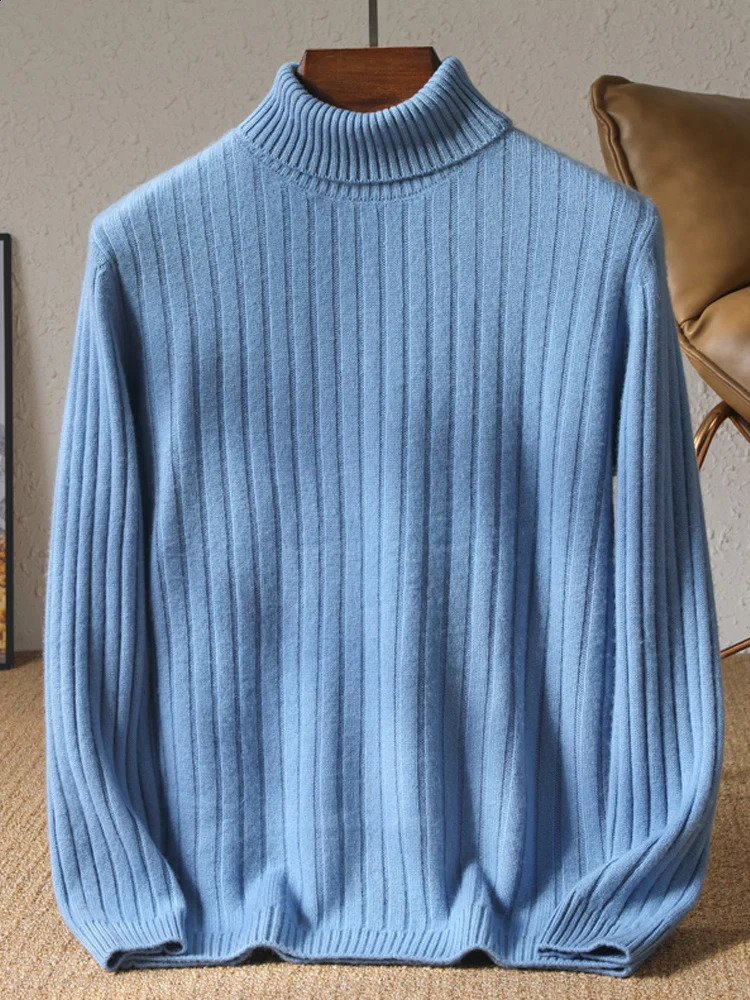 100% wool knitted Pullover mens turtle neck thick sweater business casual long sleeved top loose warm bottom shirt autumn and winter item 240812