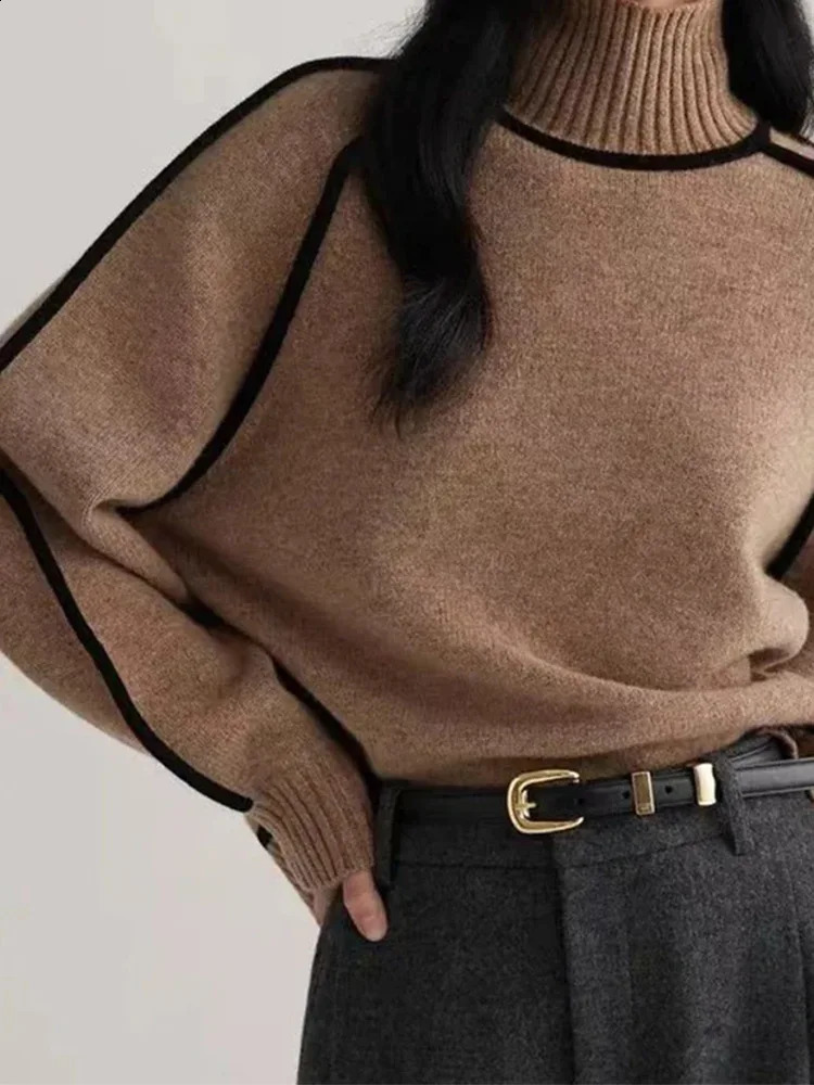 Womens spliced turtle neck knitted sweater with warm and casual thick long sleeves floral patterns autumn womens high street jumper 240812