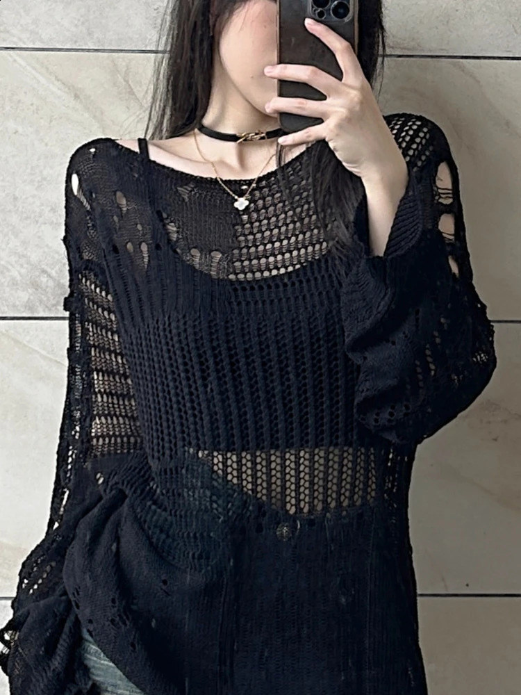 HOUZHOU Y2k Sweater Women Streetwear Hollow Out Loose Knitted Pullovers Balck See Through Long Sleeve Top Gothic Korean Fashion 240812