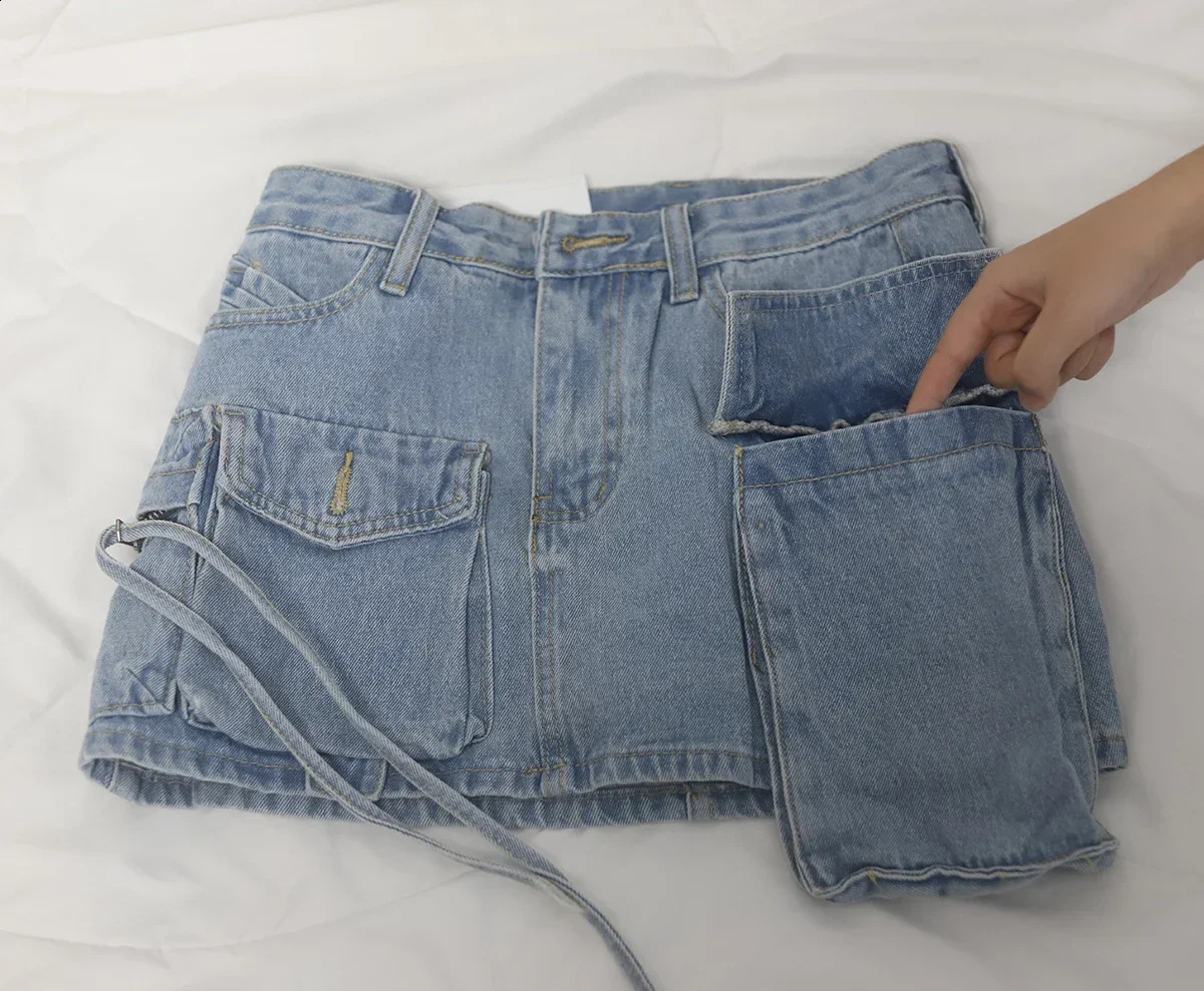 Y2K Fashion Irregular Pocket Cargo Denim Skirt Women Clothing Summer Sexy A-line Hip Skirts Female Bottoms Streetwear 240812