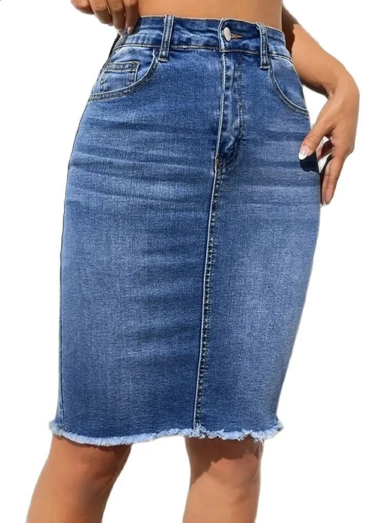 2024 Summer High Elastic Raw Edge Slim Denim Skirt for Women Fashion Skinny Jeans Hip Cover Skirt Casual Ladies Clothing 240812