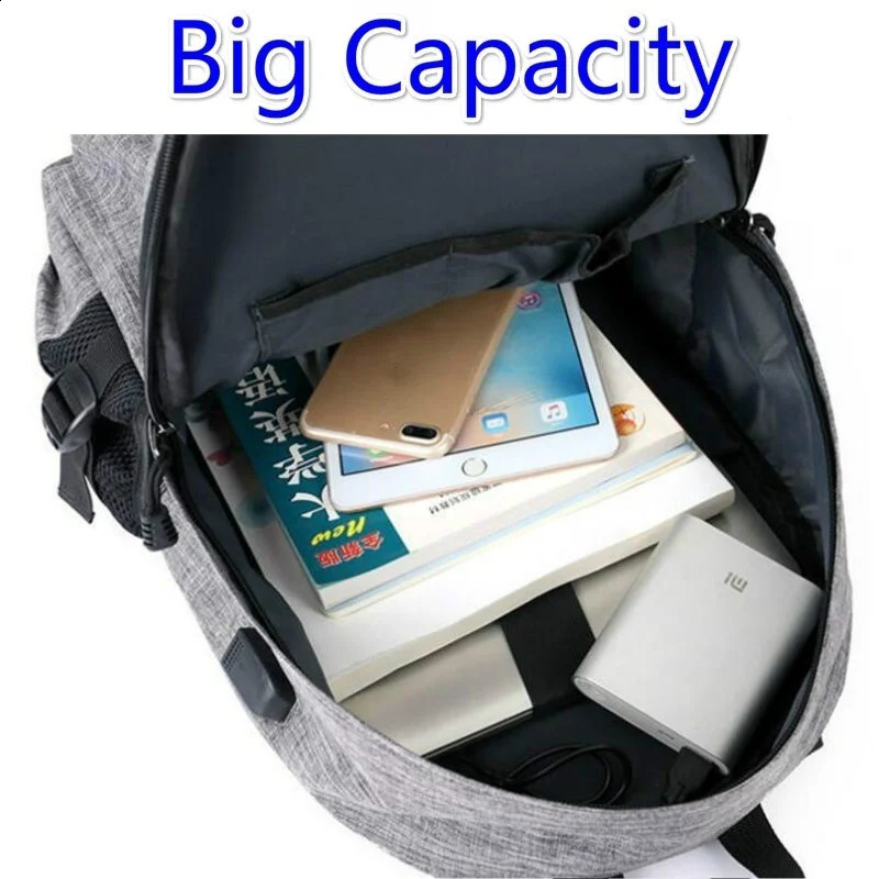 Fashion BlackGrey Mens Laptop Backpack Travel School with USB Charging Port 240813