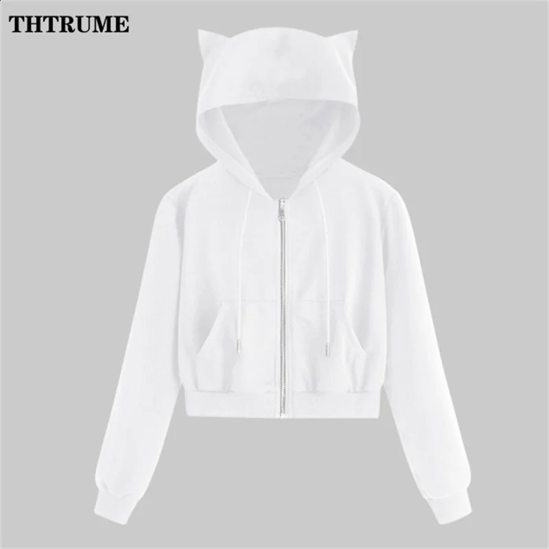 Fashion Harajuku Zipper Cropped Hoodies Elegant Solid Tracksuit Drawstring Chic Hooded Casual Communte Women Cat Sweatshirts 240812