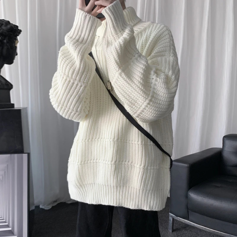 Autumn and winter mens casual turtle neck zipper long sleeved ribbed sweater Korean fashion warm knit 240812