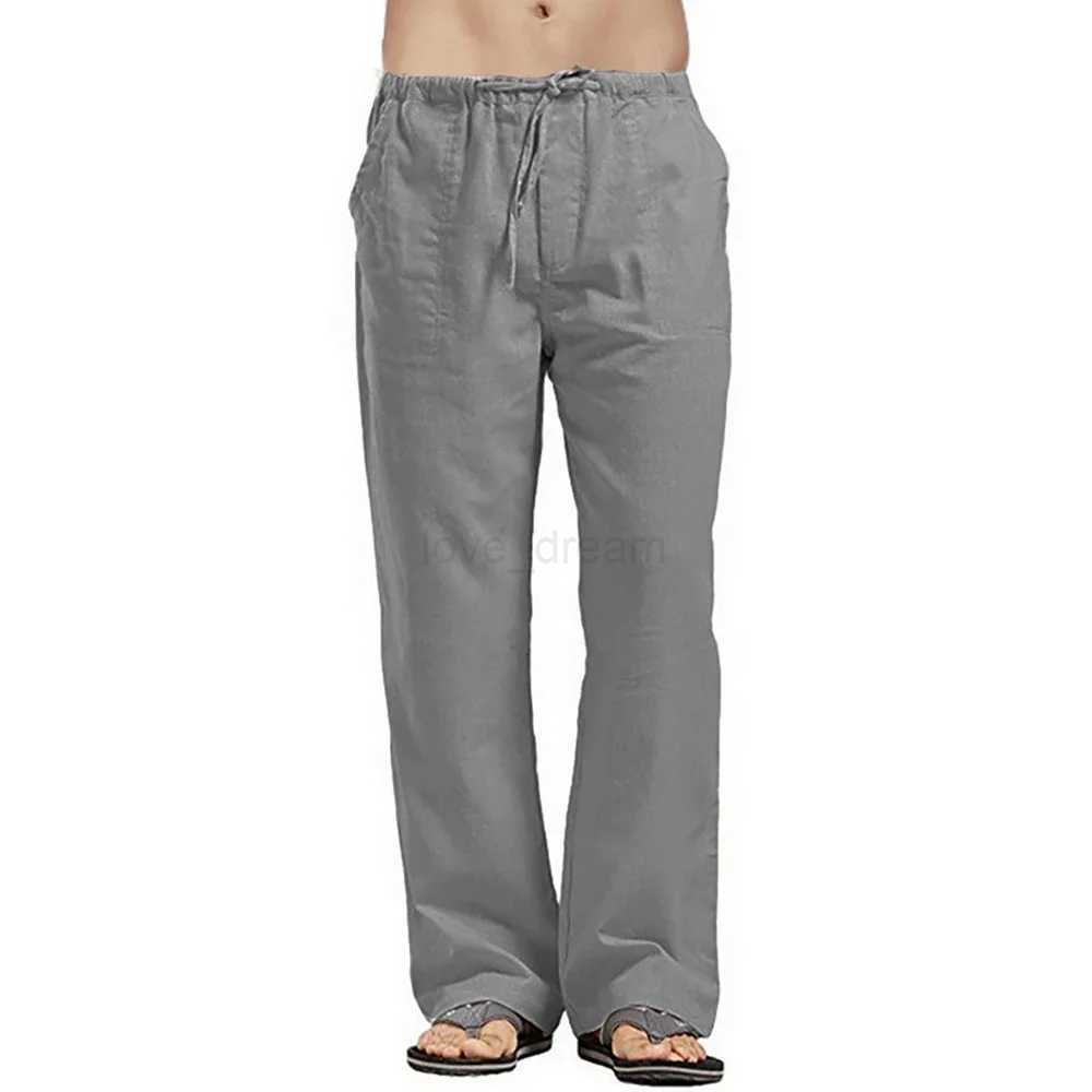 Mens Cotton Linen Pants Multiple Pockets Linen Breathable Pants Elastic Waist Fitness Joggers Trousers Casual Loose SweatpantsXJ240813