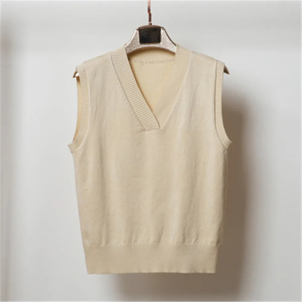 Pull Femme knitted tops brown preppy cute crop korean style knitwear v neck oversized beige sweaters for women fashion vest 240812