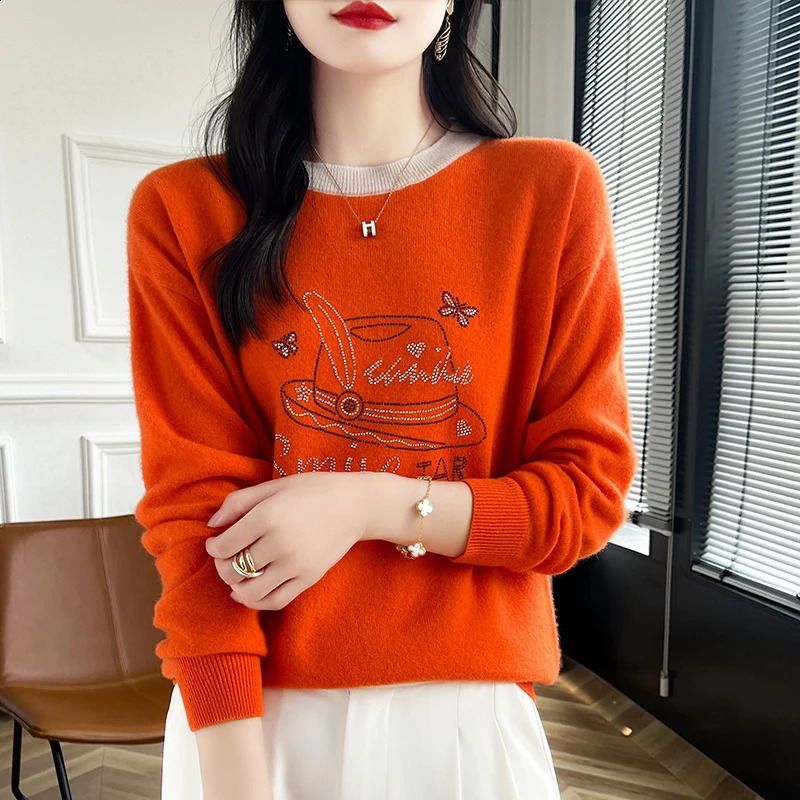 Autumn and Winter Womens Cashmere Sweater 100% Wool Warm Hoodie Round Neck Color Blocked Diamond Casual Knitted Top 240821