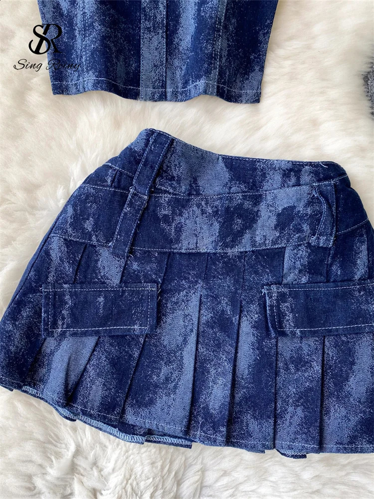 SINGREINY High Street Denin Two Pieces Sets Strapless Backless Mini TopsShort Zipper Pleated Skirt Women Sexy Y2k Senior Suits 240812
