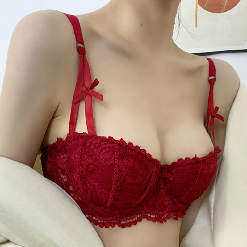 12 Half Cup Bras For Women Plus Size Lingerie Red Thin Underwear Cotton Sexy Push Up Balconette Bra Top Black White A B C D Cup 240812