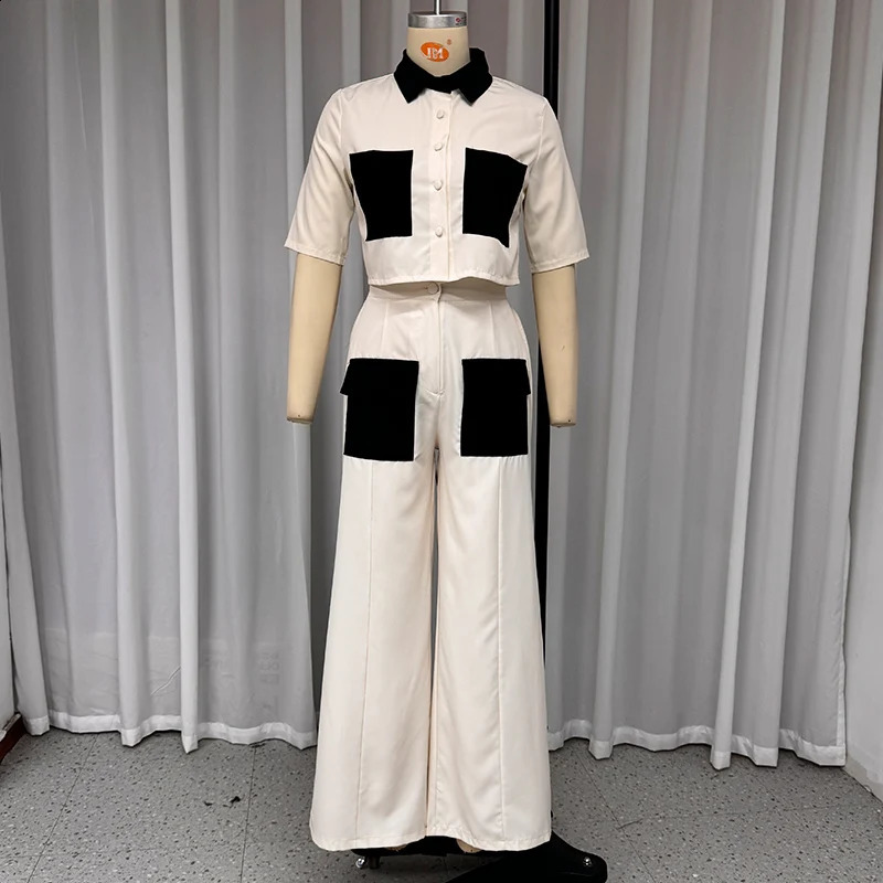 Wefads Two Piece Set Women Summer Fashion Casual Contrast Short Sleeve Lapel Office Button Top Loose Wide Legs Pants Sets 240813