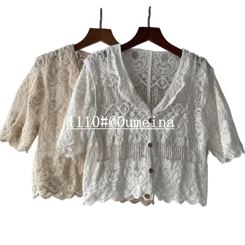 Korean embroiderycrochet flower bloom, lace top women s summer hollowed out small lapel short sleeved shirt trend