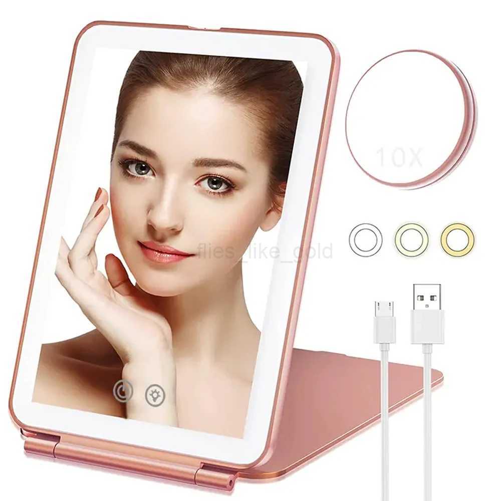 New makeup mirror with 10X magnifying glass 72 LED light makeup mirror 3-color light travel mirror compact makeup folding mirror W240813