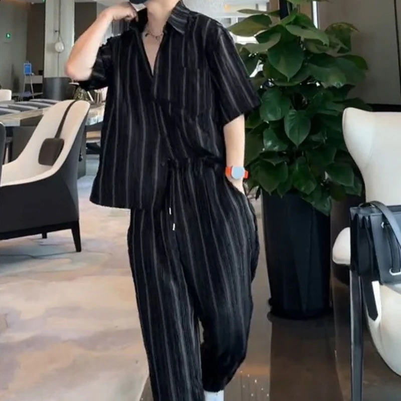 Gmiixder unisex striped shirt set for mens summer loose ironless shirtcasual pants twopiece sports 240812