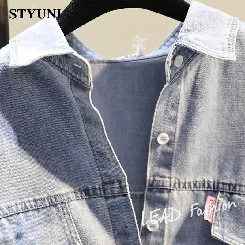 Vertical Striped Denim Vintage Polo Collar Single Breasted Long Sleeve Womens Blouse Shirt Korean Fashion Female Clothing 2024 240812