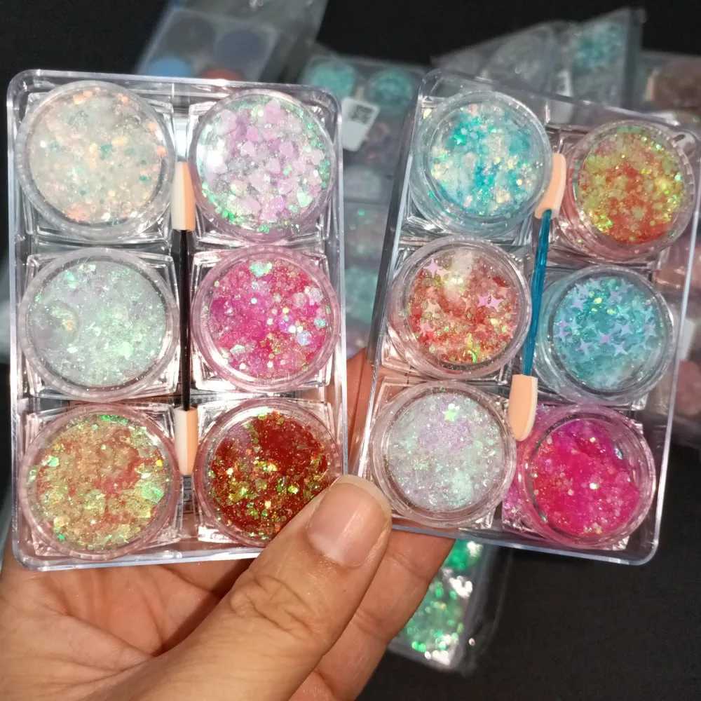 6 cans/set laser sequins gel facial body glitter eye shadow cream color sequins body cream stage nightclub halloween party makeup W240812