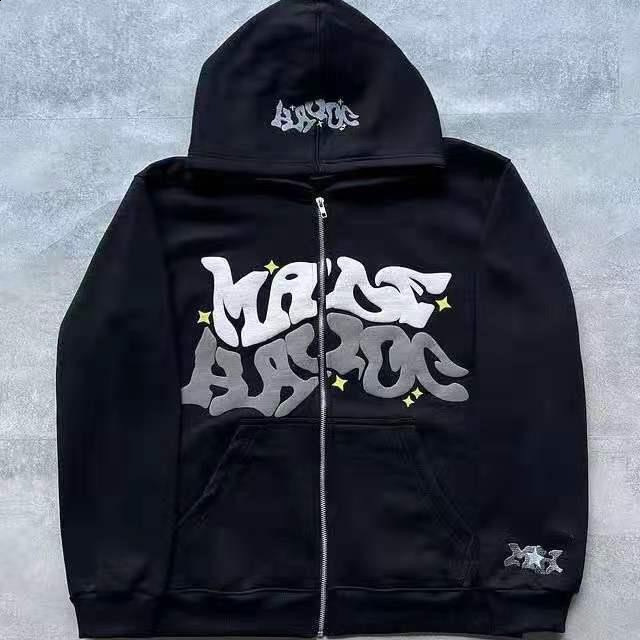 Street Rich Soon Printed Hoodie For Male Trendy Y2k Long Sleeve Zip Up Hooded Sweatshirt Autumn Pocket Loose Hoodies Jacket 240802