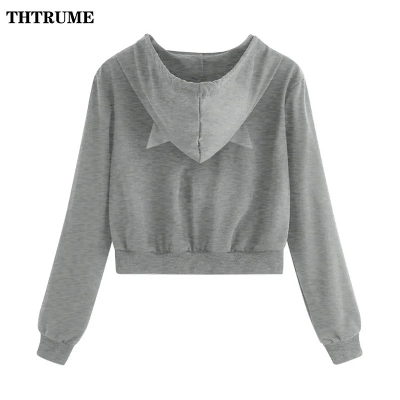 Fashion Harajuku Zipper Cropped Hoodies Elegant Solid Tracksuit Drawstring Chic Hooded Casual Communte Women Cat Sweatshirts 240812