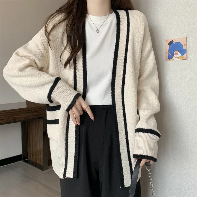 Varsity Cardigan Long Sleeve V-Neck Open-Front Sweaters Knit Jacket for Women Preppy Style 240812