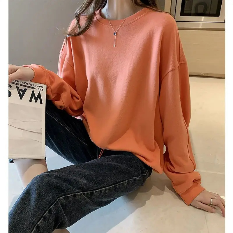 Korean Sping Autumn Pure Cotton Thin Womens O-Neck Solid Drawstring Fashion Casual Versatile Loose Long Sleeve Sweatshirts Tops 240812